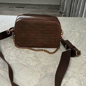 Michael Kors Chocolate Brown MK Signature Crossbody with Gold Chain